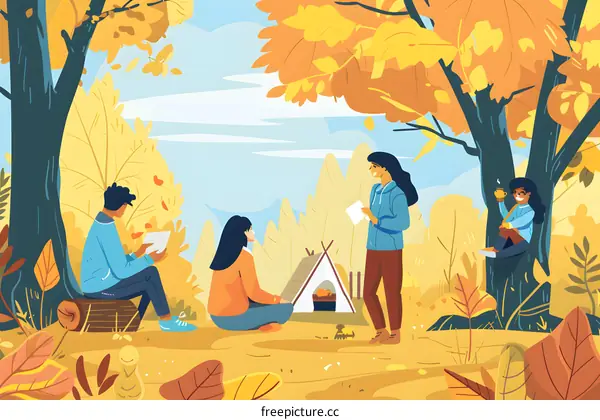 Friends Enjoying Autumn Day in Forest