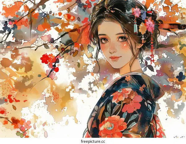 An illustration of a beautiful woman in a kimono with red and pink flowers in her hair
