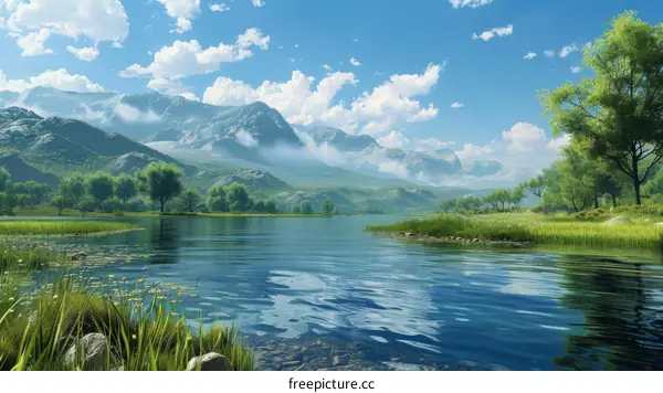 Tranquil Mountain Lake with Lush Meadows and Blue Sky