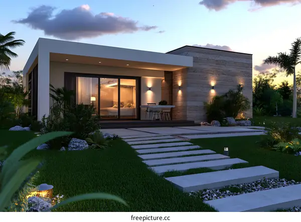 Modern House with Stone Exterior and Tropical Landscaping