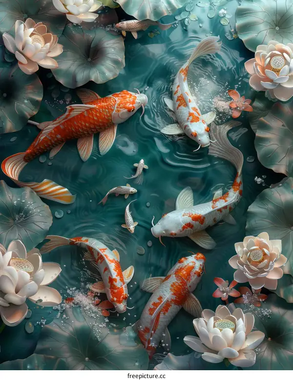 Colorful锦鲤鱼in the碧绿的池塘with荷花