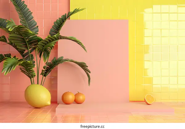 Minimalist Summer Still Life with Palm Leaf and Fruit
