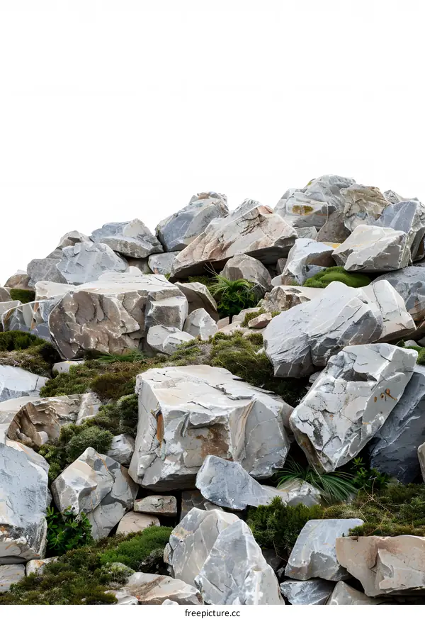 Pile of Rocks and Green Plants on a White Background