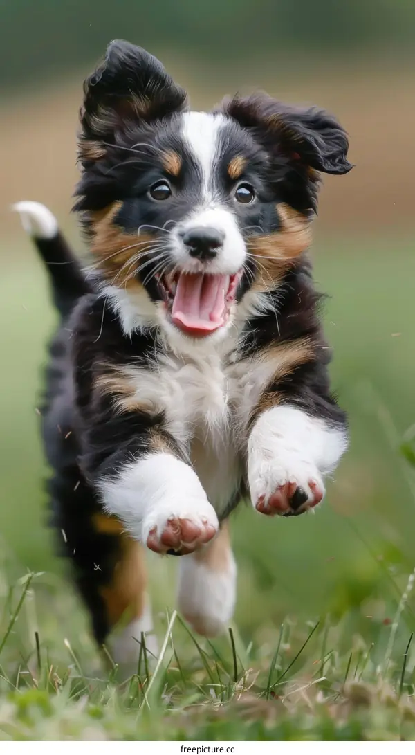 A happy Australian Shepherd puppy is running on the grass