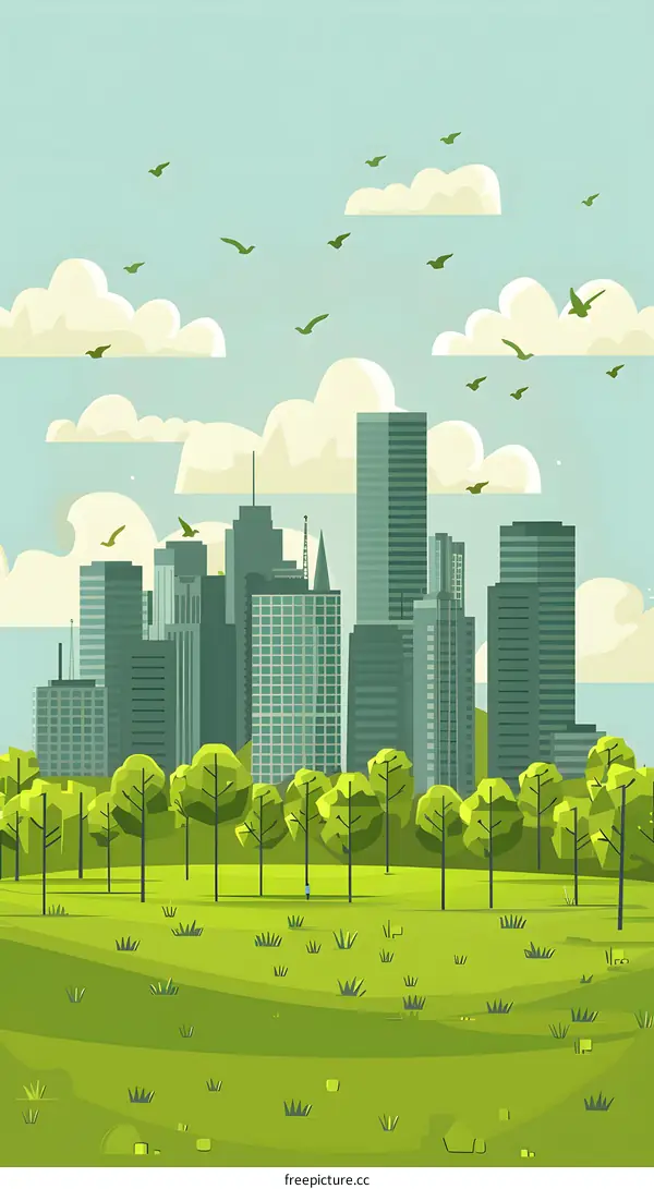 Green Cityscape with Buildings and Birds Flying