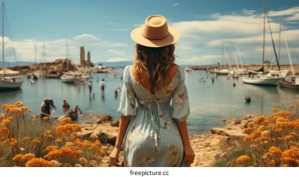 Lady in a straw hat looking at the boats in the harbor