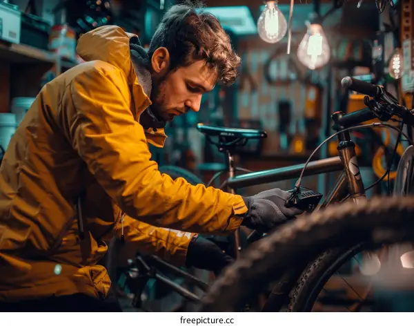 A man is repairing a bicycle in a garage.