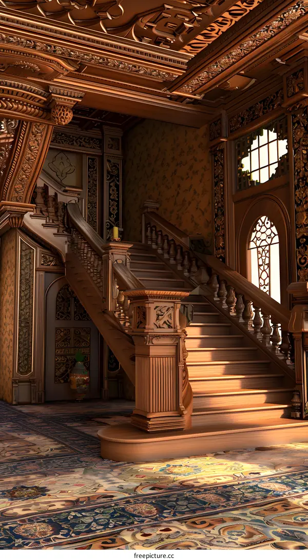 Elegant Wooden Staircase in a Grand Mansion
