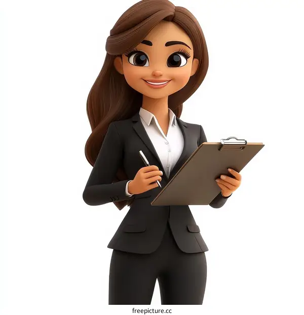 Cartoon Business Woman Holding Clipboard