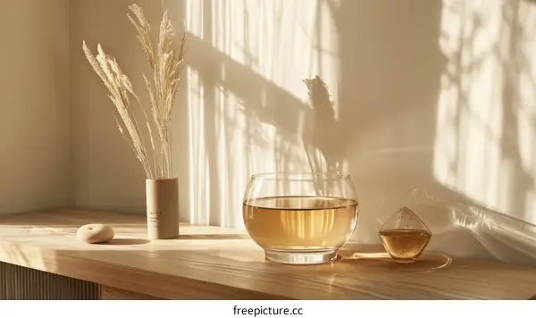 Elegant Glass Bowl Filled with Golden Liquid on a Wooden Table