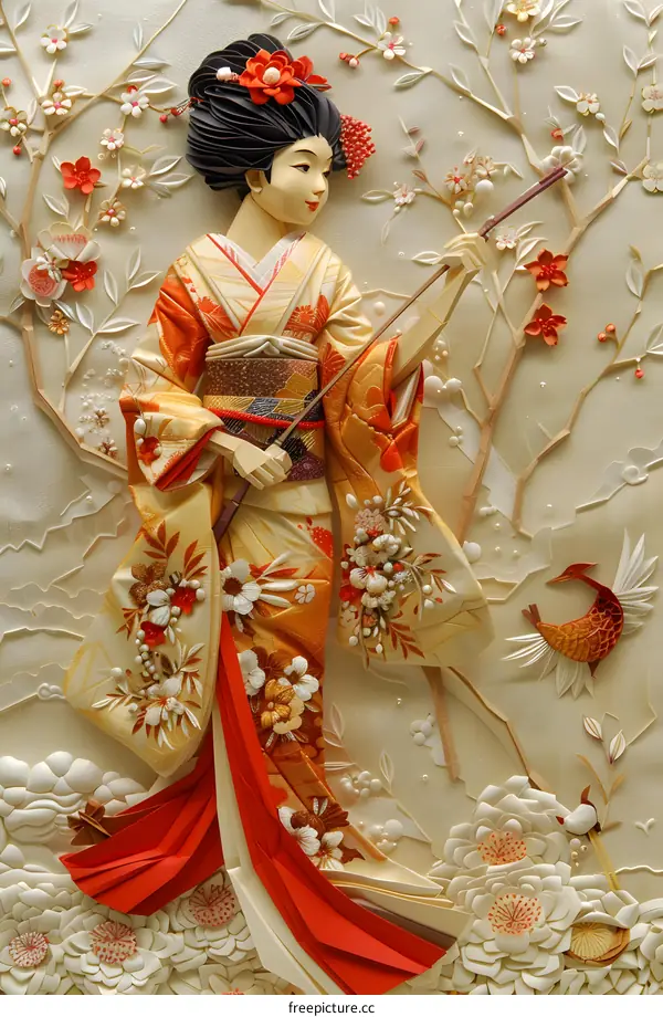 Japanese Woman in Traditional Kimono with Flowers