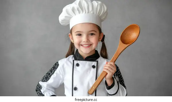 Young Chef Girl Holding a Large Wooden Spoon