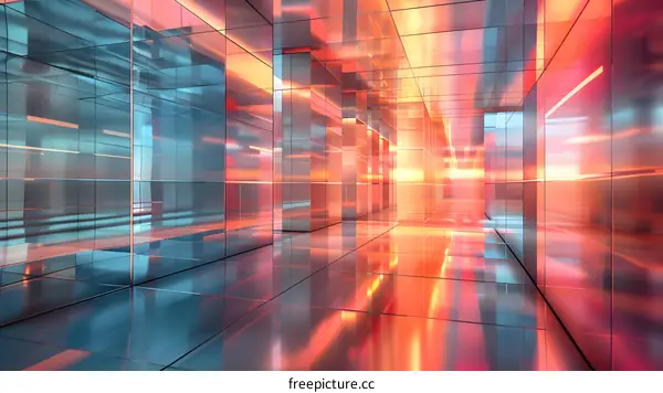 Abstract Corridor With Glass Panels And Glowing Lights