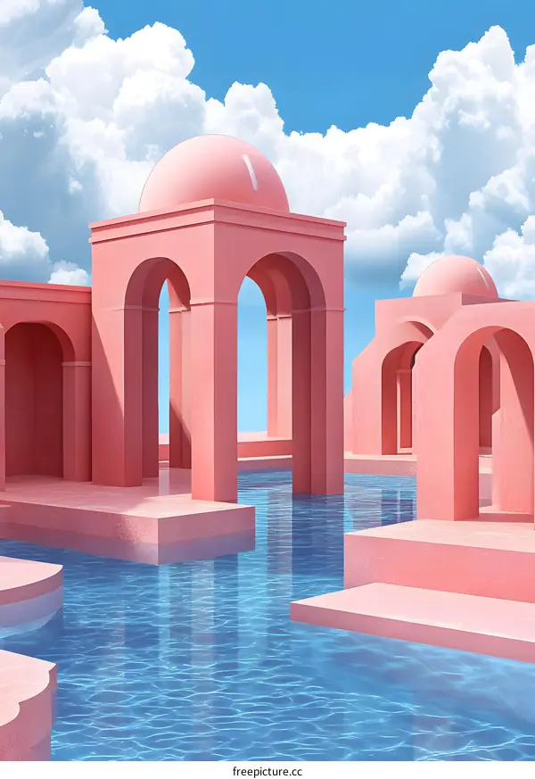 Pink Arches Minimalist Architecture  with Pool and Blue Sky