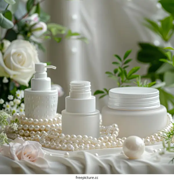 White Cosmetic Bottles with Pearls and Flowers