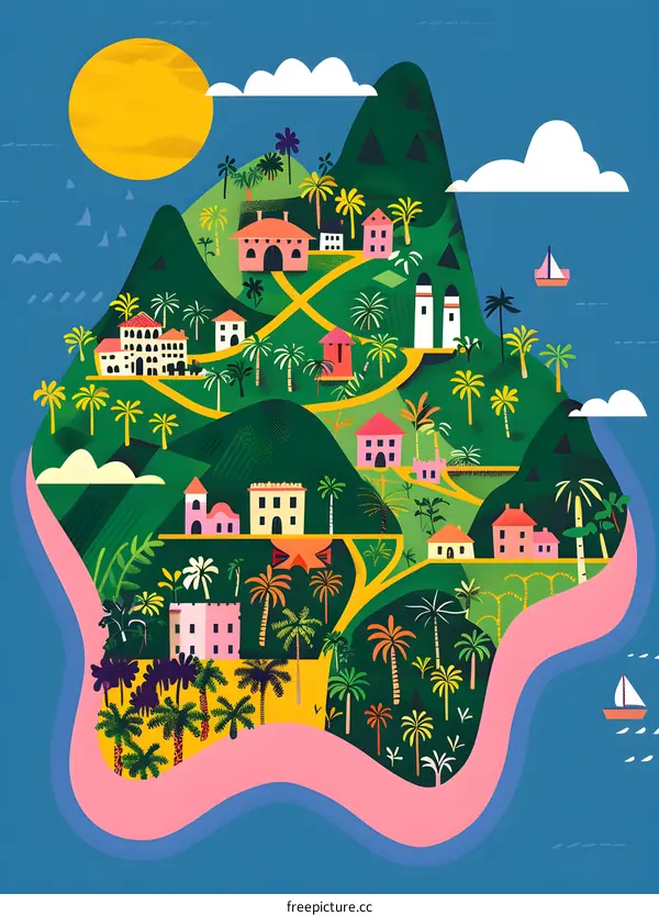 Tropical Island Illustration With Palm Trees and Houses