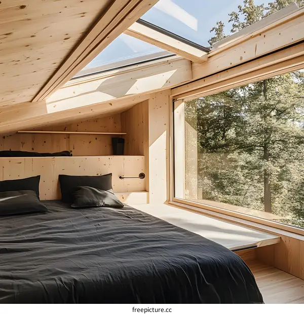 Modern Wooden Cabin Bedroom with Skylight and View of Trees