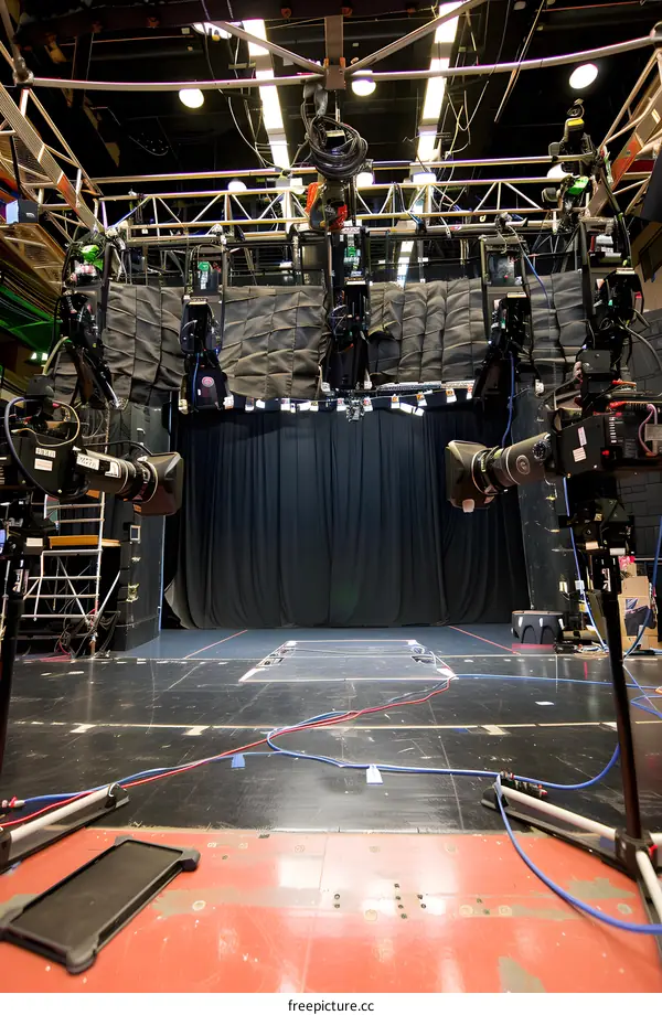 Television Studio Setup with Multiple Cameras and Lighting Equipment