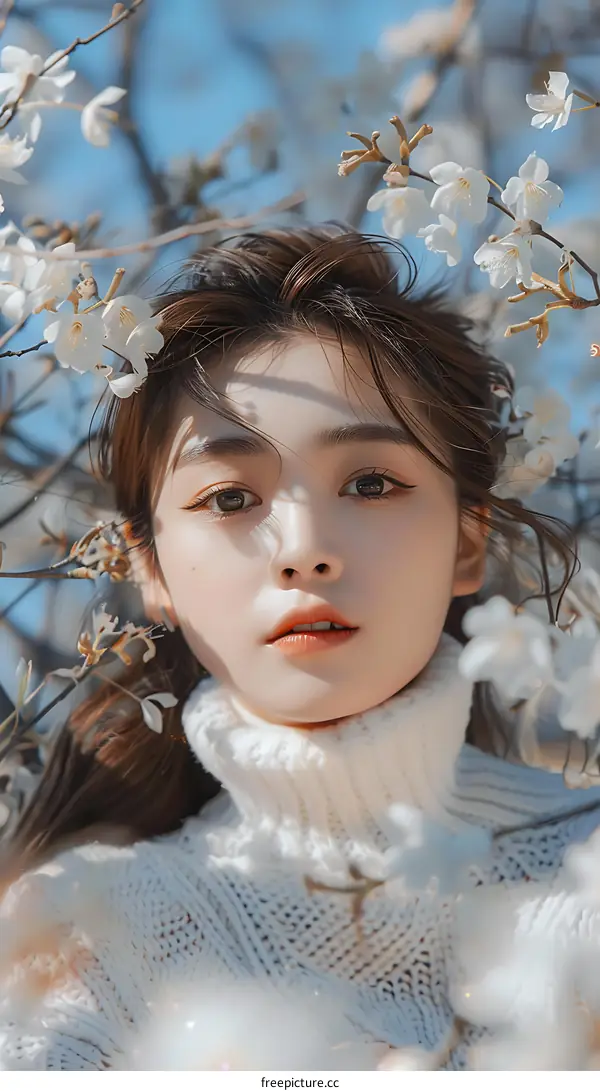 Young Woman Posing with White Flowers in Her Hair