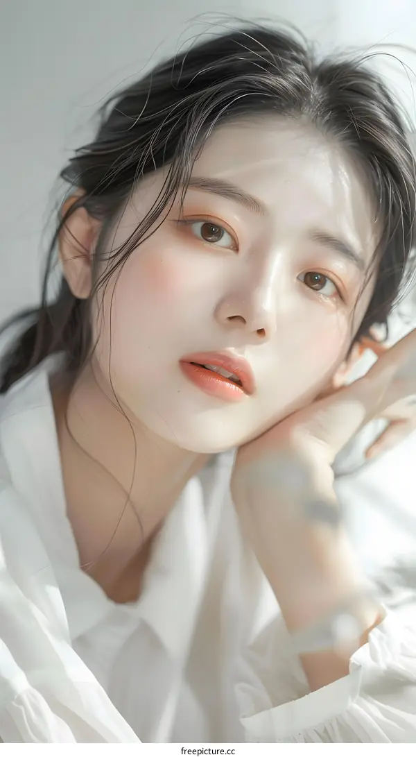 Portrait of a Young Woman in a White Shirt Looking at the Camera