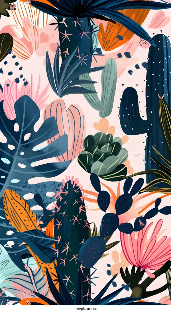 Cactus and Tropical Leaves Pattern
