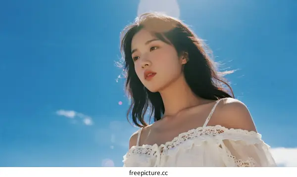 A Young Woman Wearing White Dress Under Blue Sky
