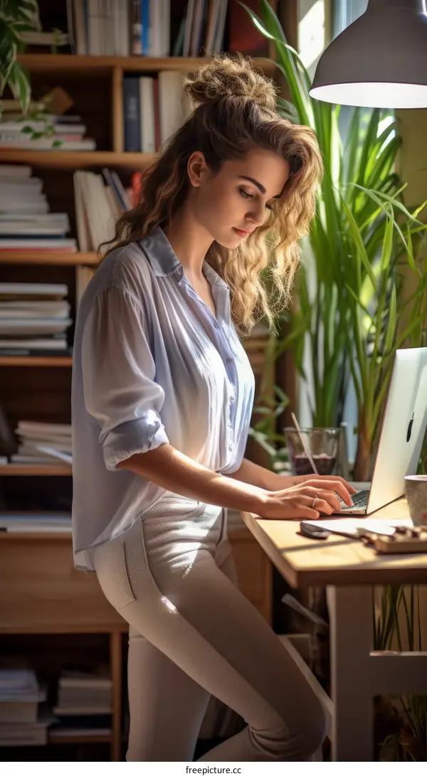 A woman in a blue blouse and white pants is working on her laptop in a home office.