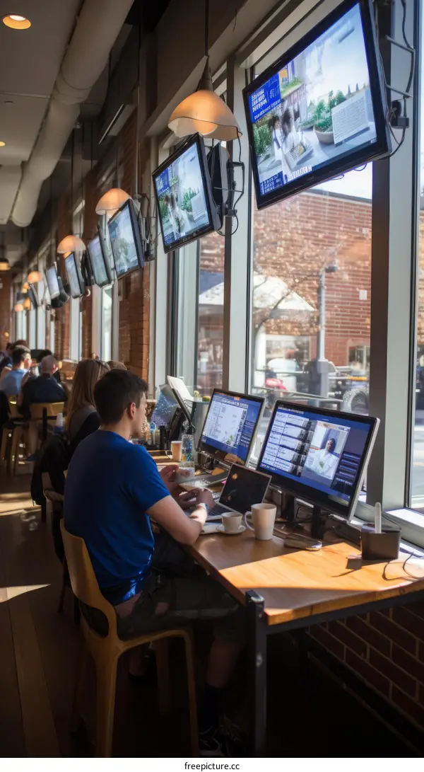 Man working on laptop in cafe
