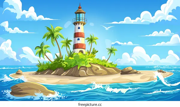 Lighthouse on a Tropical Island with Palm Trees