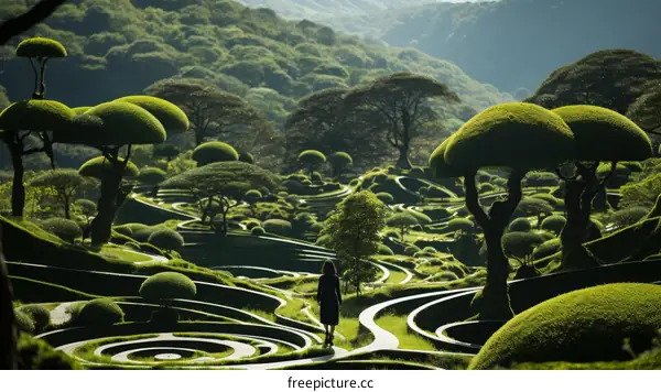 A woman walking through a surreal topiary garden