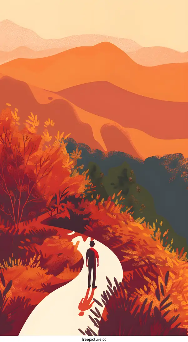 Man Walking Alone on Path Through Red Forest With Mountain View