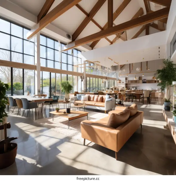 The interior space is full of light, with large windows and a minimalist design