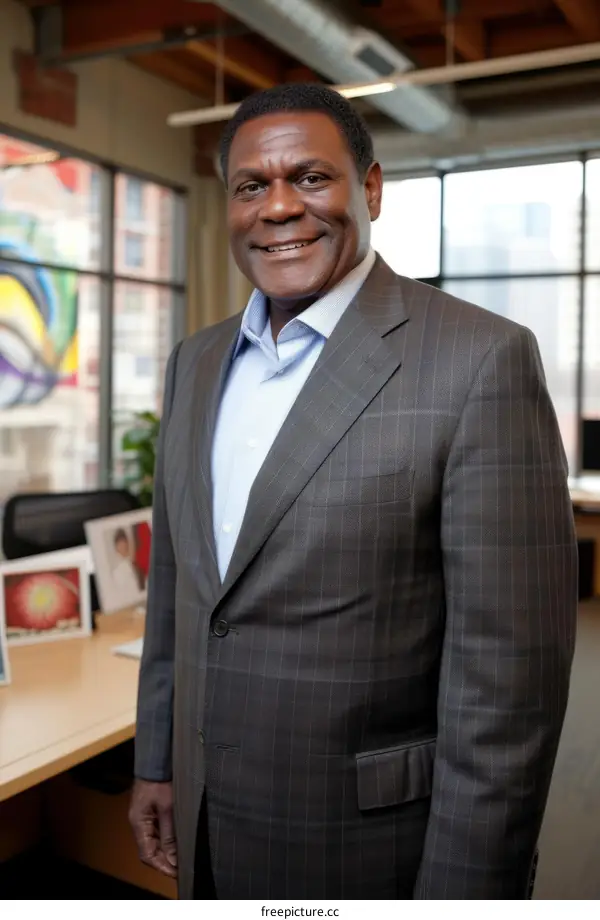 A smiling African-American businessman wearing a suit stands in an office
