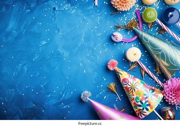 A blue background with party hats, candles, and other party supplies