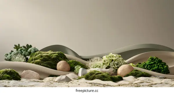 Abstract Green Mossy Landscape with Stone Eggs