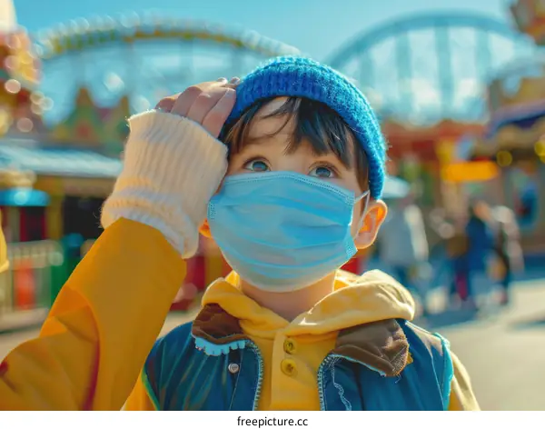A masked boy at an amusement park