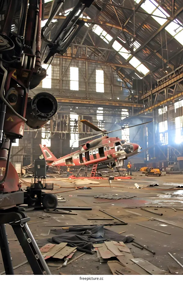 Helicopter Inside Industrial Building