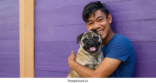 A young man is hugging a pug dog while standing in front of a purple wall