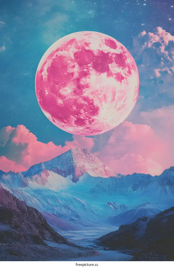 Pink Moon Over Snowy Mountains