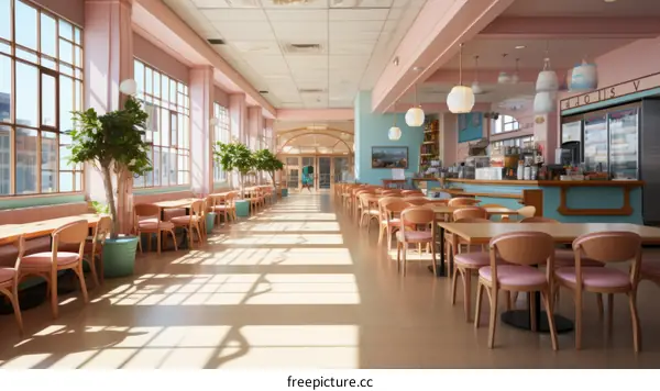 Pink Retro Cafe Interior With Large Windows