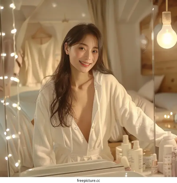 A smiling woman in a white bathrobe is sitting in front of a mirror.