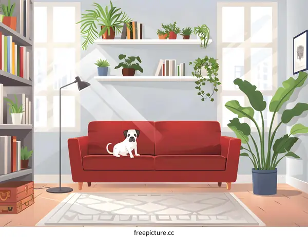 Living Room Illustration with Red Sofa and Dog
