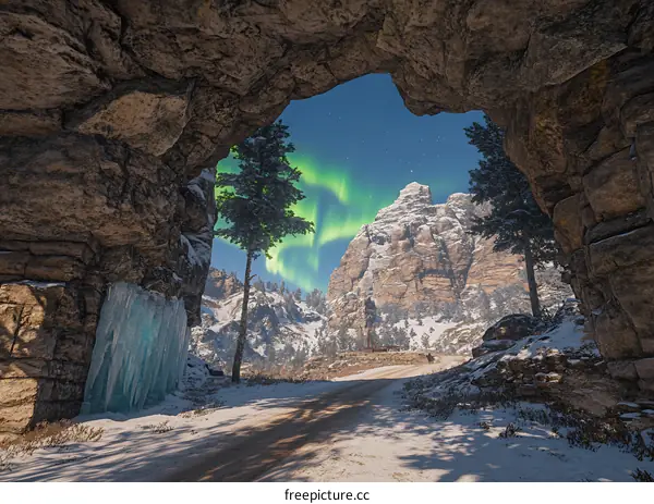 Mountain Road With Northern Lights And Snow