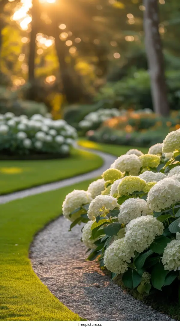 White flowers in a garden with a winding path