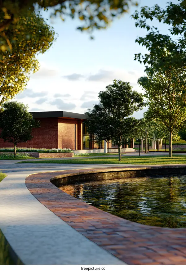 Modern Brick Building with Pond and Green Trees