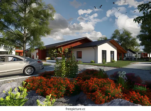 Modern House Design with Red Roof and Green Trees