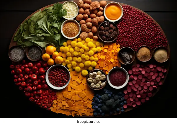 A variety of food ingredients are arranged on a wooden table.