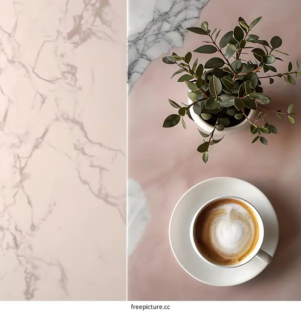 Top View of a Cup of Coffee and a Green Plant on a Marble Table