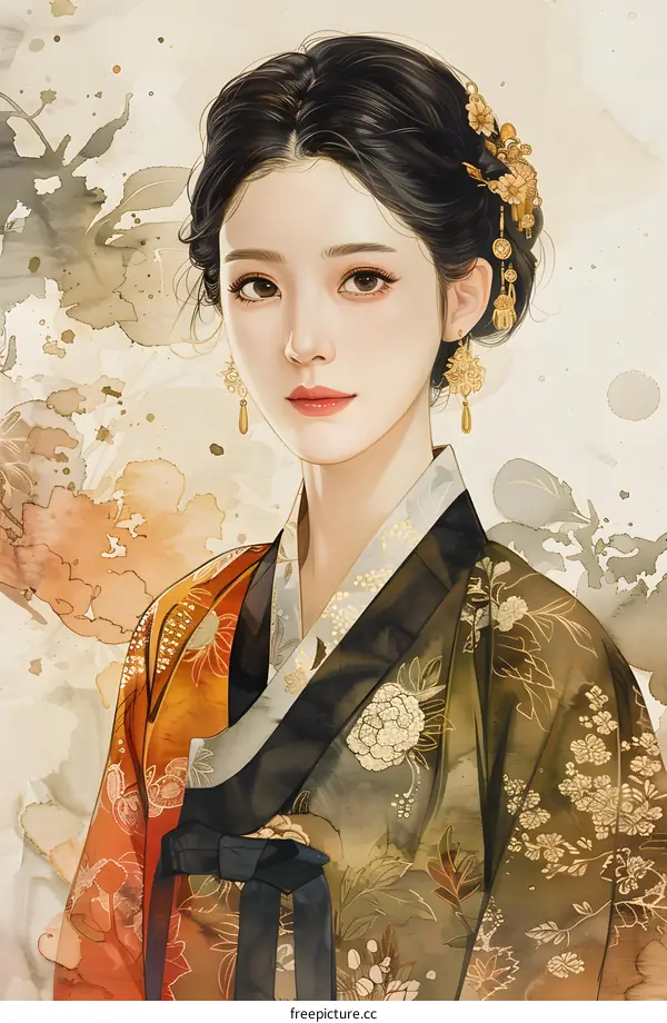 Portrait of a beautiful Korean woman in traditional Hanbok dress