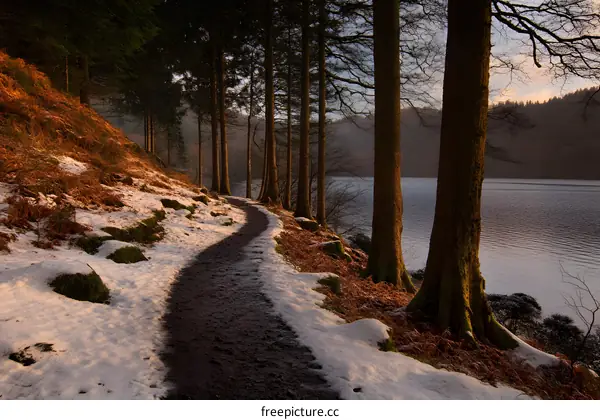 Snow Covered Path Through Winter Forest by Lake